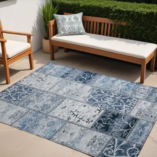 Denim Blue Patchwork Washable Non Skid Indoor Outdoor Area Rug Photo 1