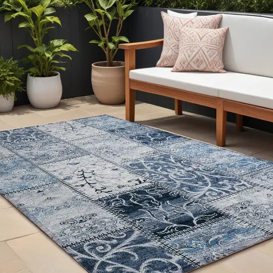 Denim Blue Patchwork Washable Non Skid Indoor Outdoor Area Rug Photo 1