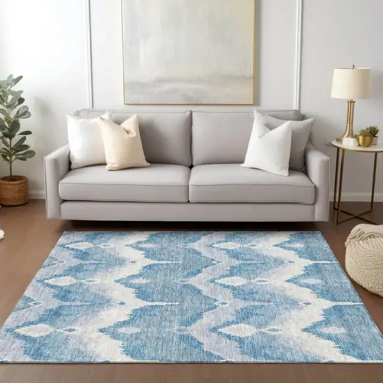 Denim Blue Sky Blue And Ivory Ikat Washable Indoor Outdoor Area Rug Photo 8