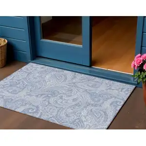 Photo of Denim Blue Sky Blue And Ivory Paisley Washable Indoor Outdoor Area Rug