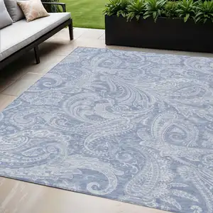 Photo of Denim Blue Sky Blue And Ivory Paisley Washable Indoor Outdoor Area Rug