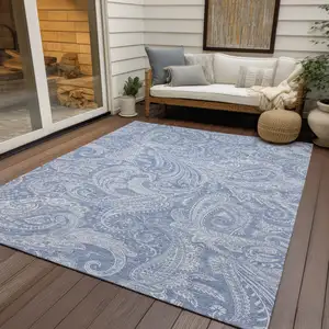 Photo of Denim Blue Sky Blue And Ivory Paisley Washable Indoor Outdoor Area Rug