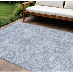 Photo of Denim Blue Sky Blue And Ivory Paisley Washable Indoor Outdoor Area Rug