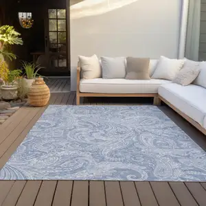 Photo of Denim Blue Sky Blue And Ivory Paisley Washable Indoor Outdoor Area Rug