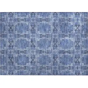 Photo of Denim Blue and Gray Floral Medallion Washable Non Skid Indoor Outdoor Area Rug