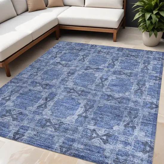 Denim Blue and Gray Floral Medallion Washable Non Skid Indoor Outdoor Area Rug Photo 1