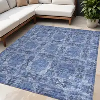 Photo of Denim Blue and Gray Floral Medallion Washable Non Skid Indoor Outdoor Area Rug