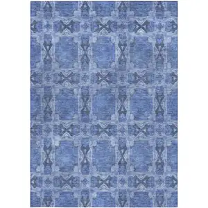 Photo of Denim Blue and Gray Floral Medallion Washable Non Skid Indoor Outdoor Area Rug