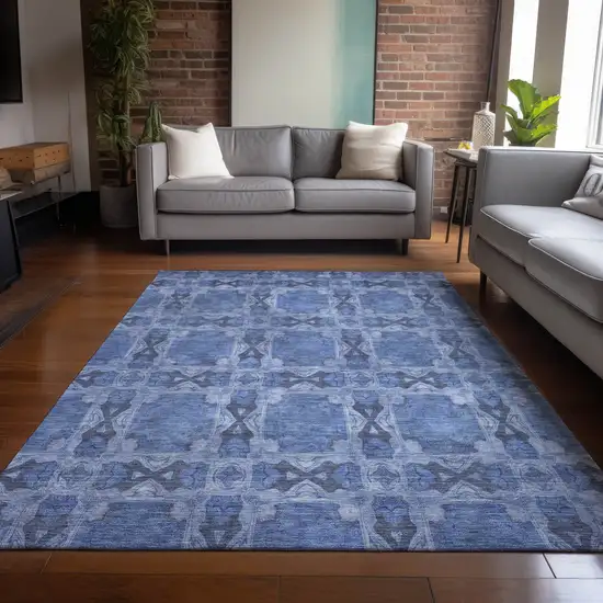 Denim Blue and Gray Floral Medallion Washable Non Skid Indoor Outdoor Area Rug Photo 9