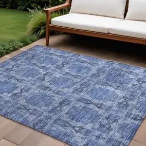 Photo of Denim Blue and Gray Floral Medallion Washable Non Skid Indoor Outdoor Area Rug