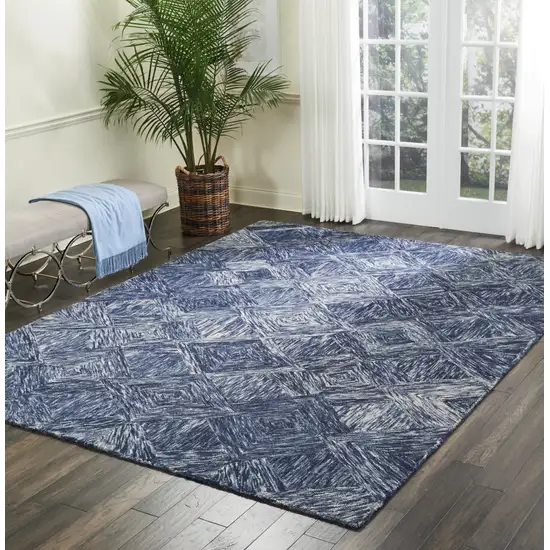 Denim Blue and Ivory Wool Geometric Area Rug Photo 7