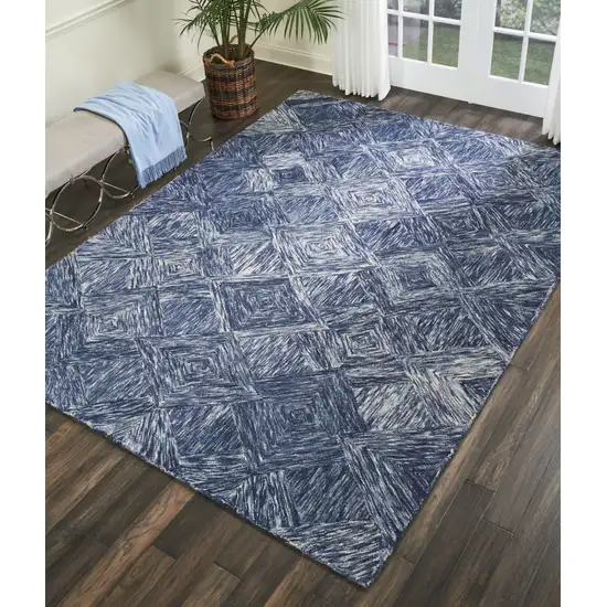 Denim Blue and Ivory Wool Geometric Area Rug Photo 8