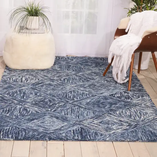 Denim Blue and Ivory Wool Geometric Area Rug Photo 6