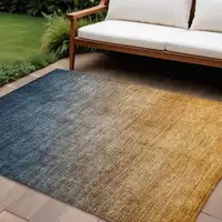 Photo of Denim and Gold Ombre Washable Non Skid Indoor Outdoor Area Rug