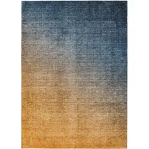 Photo of Denim and Gold Ombre Washable Non Skid Indoor Outdoor Area Rug