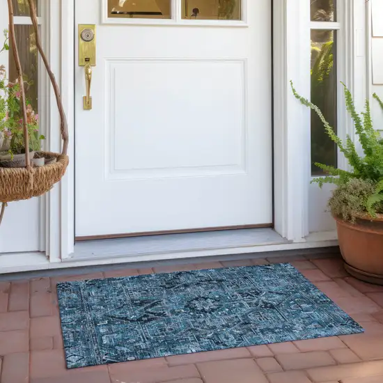 Denim and Gray Oriental Washable Non Skid Indoor Outdoor Area Rug Photo 8