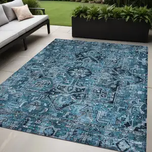 Photo of Denim and Gray Oriental Washable Non Skid Indoor Outdoor Area Rug