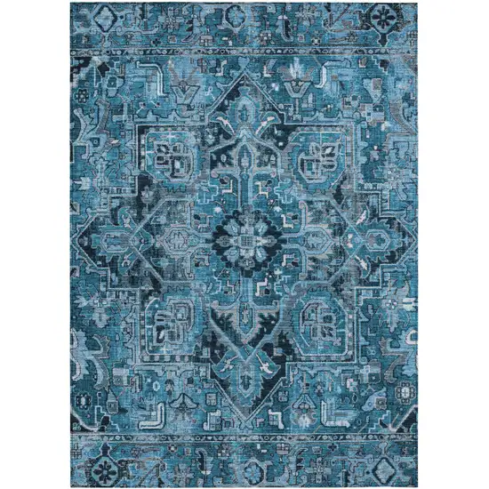 Denim and Gray Oriental Washable Non Skid Indoor Outdoor Area Rug Photo 2