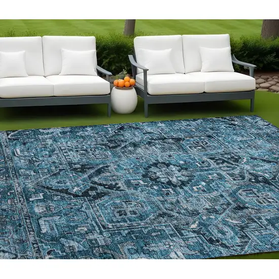 Denim and Gray Oriental Washable Non Skid Indoor Outdoor Area Rug Photo 1