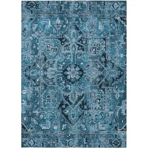 Photo of Denim and Gray Oriental Washable Non Skid Indoor Outdoor Area Rug