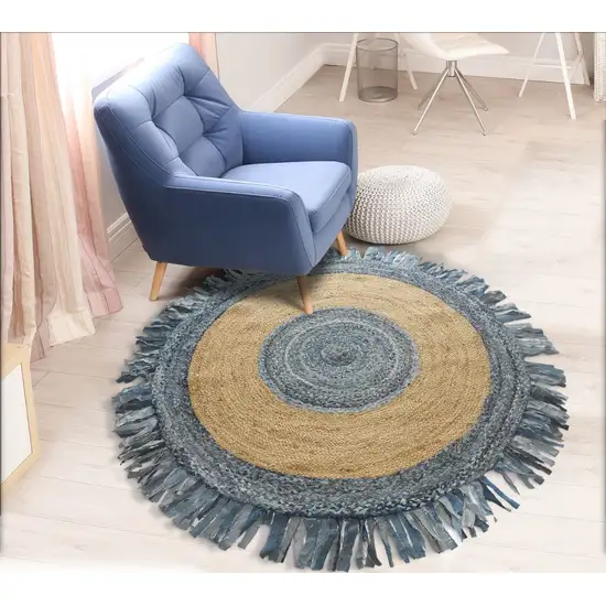 Denim and Natural Jute Fringed Round Rug Photo 8