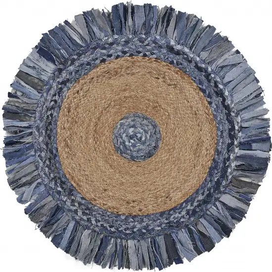 Denim and Natural Jute Fringed Round Rug Photo 11