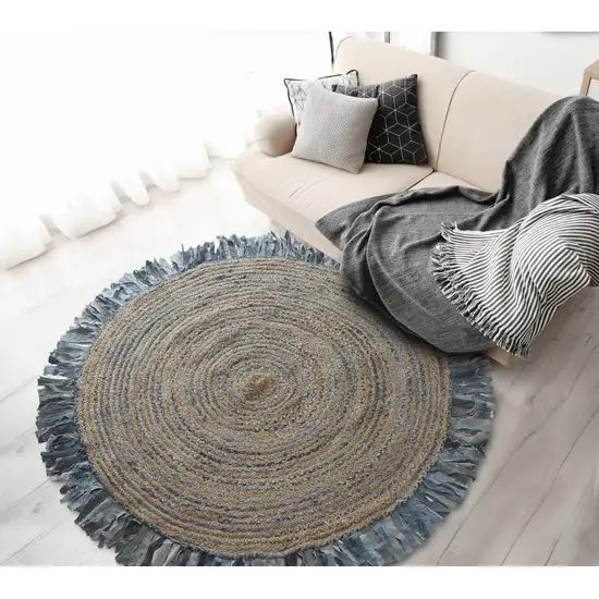 Denim and Natural Jute Round Swirl Fringed Rug Photo 6