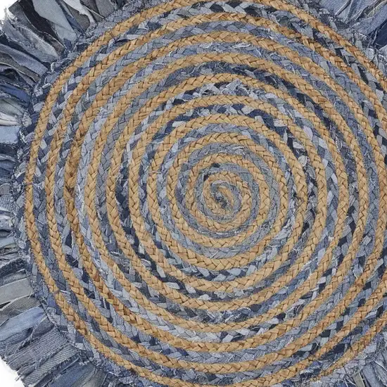 Denim and Natural Jute Round Swirl Fringed Rug Photo 9