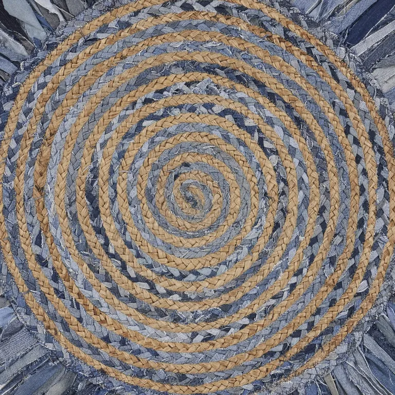 Denim and Natural Jute Round Swirl Fringed Rug Photo 2