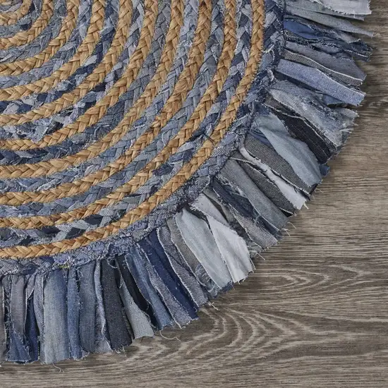 Denim and Natural Jute Round Swirl Fringed Rug Photo 5