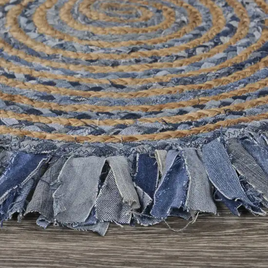 Denim and Natural Jute Round Swirl Fringed Rug Photo 3