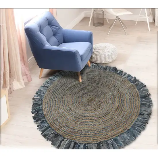 Denim and Natural Jute Round Swirl Fringed Rug Photo 7