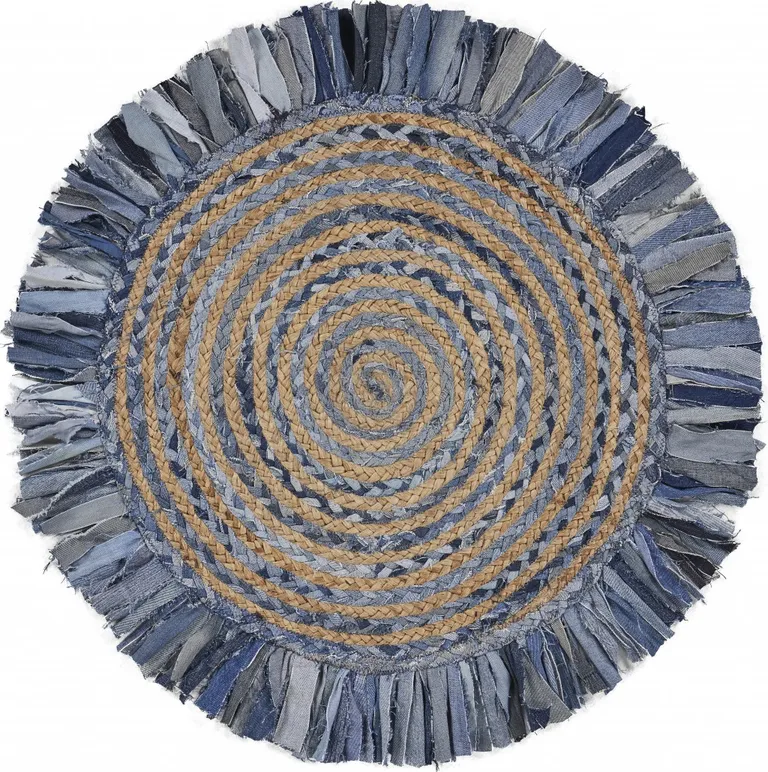 Denim and Natural Jute Round Swirl Fringed Rug Photo 1