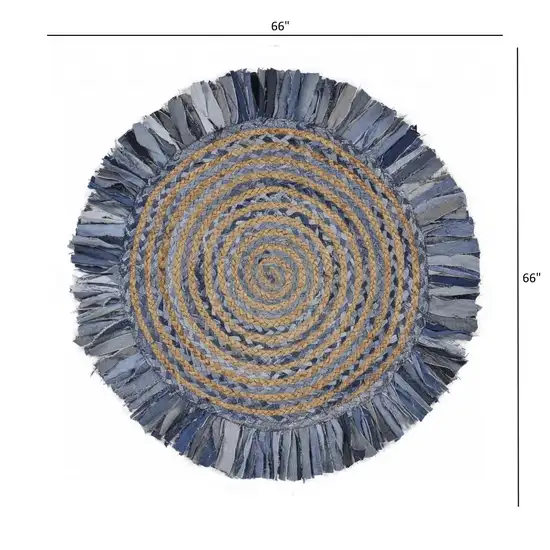 Denim and Natural Jute Round Swirl Fringed Rug Photo 8