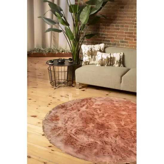 Dusty Rose Round Faux Fur Washable Non Skid Area Rug Photo 3