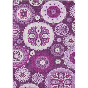 Photo of Eggplant And Mauve Floral Medallion Washable Indoor Outdoor Area Rug