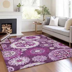 Photo of Eggplant And Mauve Floral Medallion Washable Indoor Outdoor Area Rug