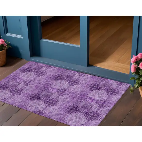 Eggplant Floral Medallion Washable Non Skid Indoor Outdoor Area Rug Photo 2