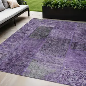 Photo of Eggplant Purple And Charcoal Patchwork Washable Indoor Outdoor Area Rug