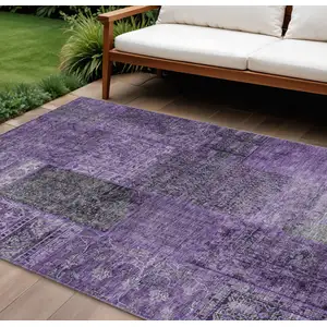 Photo of Eggplant Purple And Charcoal Patchwork Washable Indoor Outdoor Area Rug