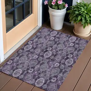 Photo of Eggplant Purple And Lavender Damask Washable Indoor Outdoor Area Rug