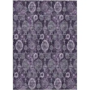 Photo of Eggplant Purple And Lavender Damask Washable Indoor Outdoor Area Rug