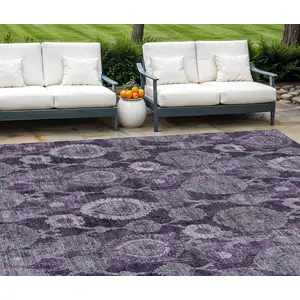 Photo of Eggplant Purple And Lavender Damask Washable Indoor Outdoor Area Rug