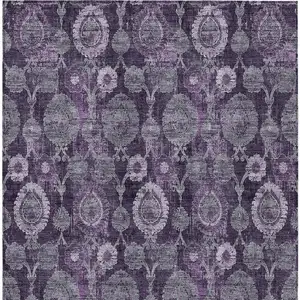 Photo of Eggplant Purple And Lavender Damask Washable Indoor Outdoor Area Rug