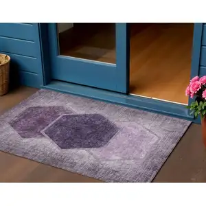 Photo of Eggplant Purple And Lavender Geometric Washable Indoor Outdoor Area Rug