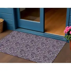 Photo of Eggplant Purple And Lilac Floral Washable Indoor Outdoor Area Rug