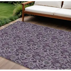 Photo of Eggplant Purple And Lilac Floral Washable Indoor Outdoor Area Rug