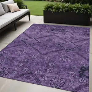 Photo of Eggplant Purple And Plum Floral Washable Indoor Outdoor Area Rug