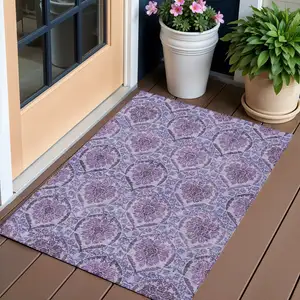 Photo of Eggplant Purple And Silver Medallion Washable Indoor Outdoor Area Rug