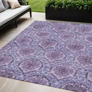 Photo of Eggplant Purple And Silver Medallion Washable Indoor Outdoor Area Rug